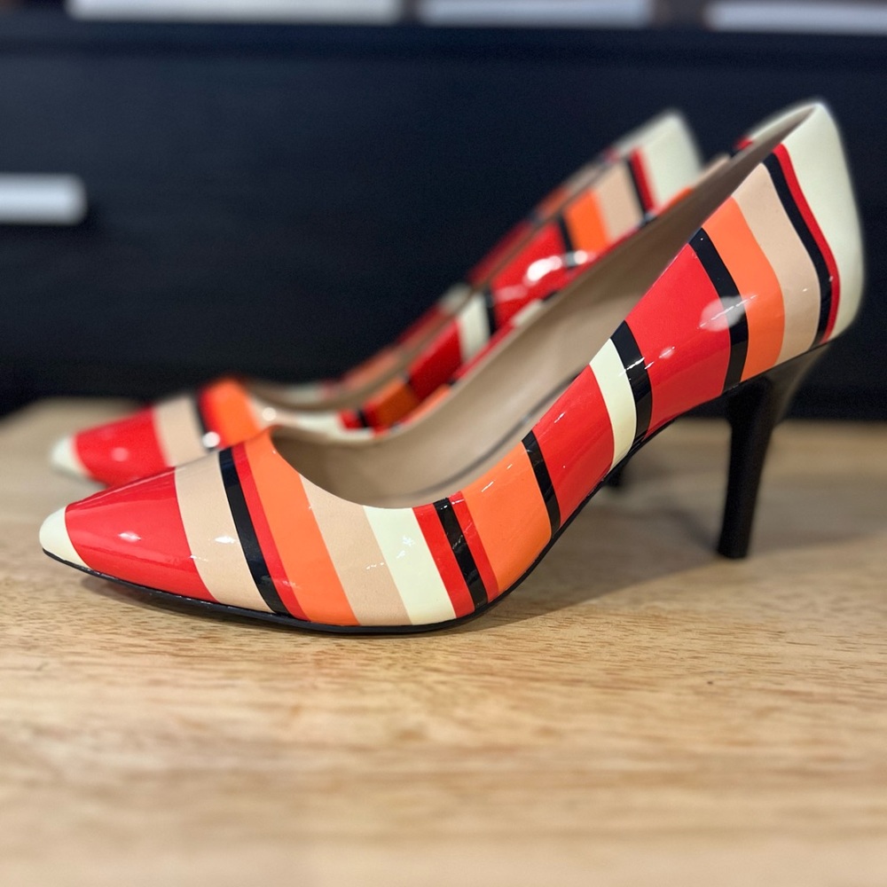 INC Womens Zitah Red Patent Striped Dress Heels Evening  size 6.5